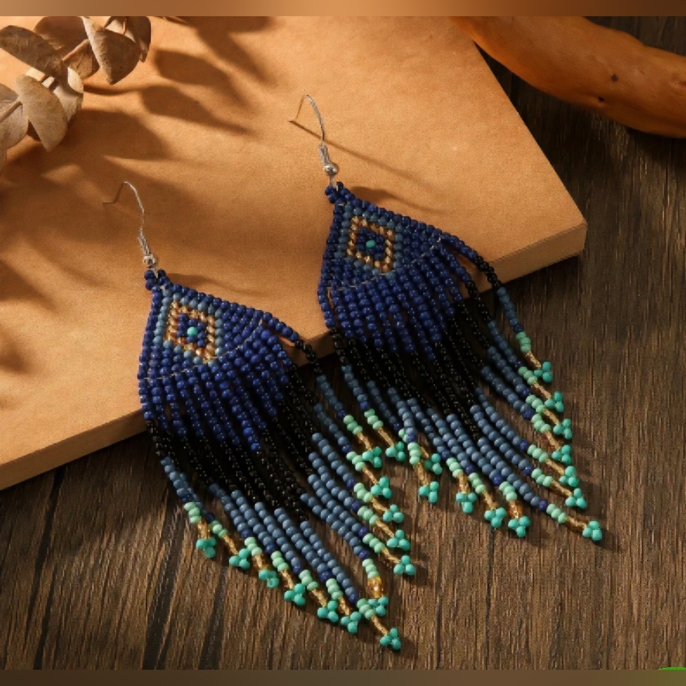 Handmade Bohemian Beaded Earrings - Blue and Black